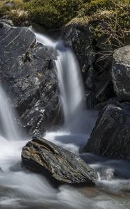 Preview wallpaper waterfall, landscape, stones, nature, long exposure