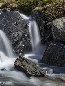 Preview wallpaper waterfall, landscape, stones, nature, long exposure