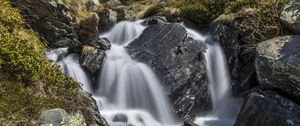 Preview wallpaper waterfall, landscape, stones, nature, long exposure