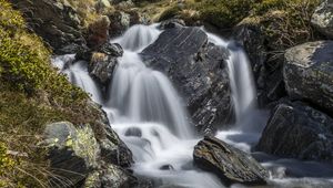 Preview wallpaper waterfall, landscape, stones, nature, long exposure