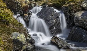 Preview wallpaper waterfall, landscape, stones, nature, long exposure