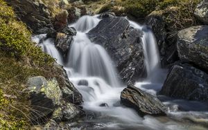 Preview wallpaper waterfall, landscape, stones, nature, long exposure