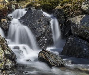 Preview wallpaper waterfall, landscape, stones, nature, long exposure