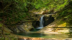Preview wallpaper waterfall, landscape, stones, rocks, trees
