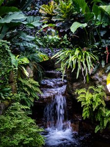 Preview wallpaper waterfall, leaves, trees, bushes, greenery, nature