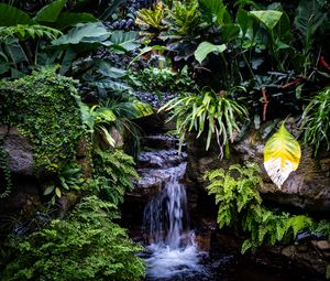 Preview wallpaper waterfall, leaves, trees, bushes, greenery, nature