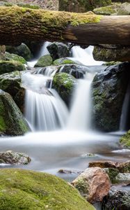 Preview wallpaper waterfall, log, stones, nature