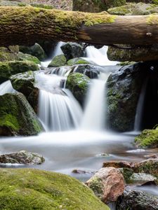 Preview wallpaper waterfall, log, stones, nature