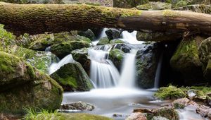 Preview wallpaper waterfall, log, stones, nature