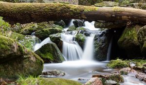 Preview wallpaper waterfall, log, stones, nature