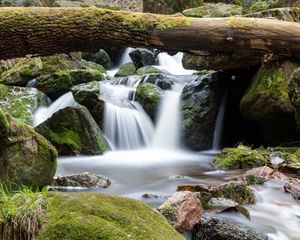 Preview wallpaper waterfall, log, stones, nature