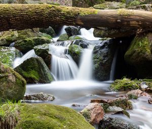 Preview wallpaper waterfall, log, stones, nature