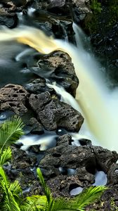 Preview wallpaper waterfall, long exposure, rocks, landscape, nature