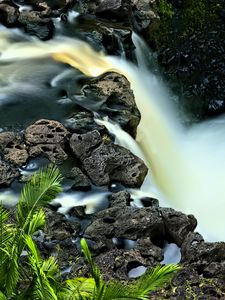 Preview wallpaper waterfall, long exposure, rocks, landscape, nature