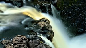 Preview wallpaper waterfall, long exposure, rocks, landscape, nature