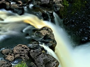 Preview wallpaper waterfall, long exposure, rocks, landscape, nature