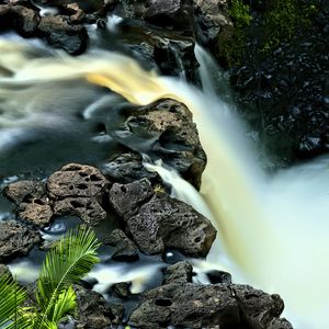 Preview wallpaper waterfall, long exposure, rocks, landscape, nature