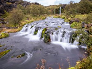 Preview wallpaper waterfall, long exposure, trees, landscape