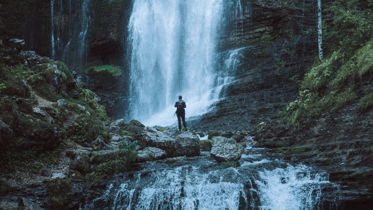 Wallpaper waterfall, man, alone, nature