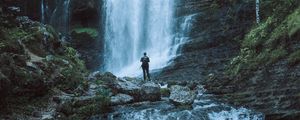 Preview wallpaper waterfall, man, alone, nature