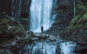 Preview wallpaper waterfall, man, alone, nature