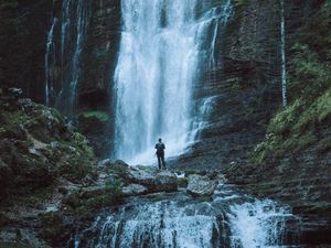 Preview wallpaper waterfall, man, alone, nature