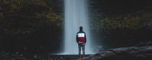 Preview wallpaper waterfall, man, water, rock, stones