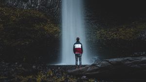 Preview wallpaper waterfall, man, water, rock, stones