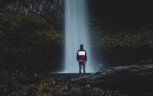 Preview wallpaper waterfall, man, water, rock, stones