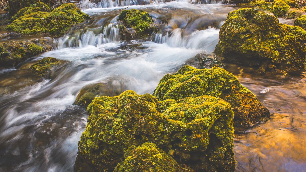 Wallpaper waterfall, moss, stones, flow