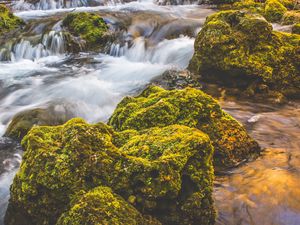 Preview wallpaper waterfall, moss, stones, flow