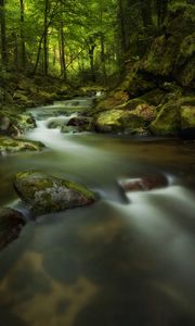 Preview wallpaper waterfall, moss, stones, rocks, gloomy