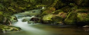 Preview wallpaper waterfall, moss, stones, rocks, gloomy