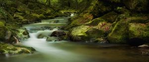 Preview wallpaper waterfall, moss, stones, rocks, gloomy