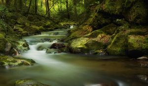 Preview wallpaper waterfall, moss, stones, rocks, gloomy