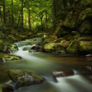 Preview wallpaper waterfall, moss, stones, rocks, gloomy