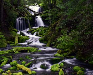 Preview wallpaper waterfall, moss, water, stream, trees