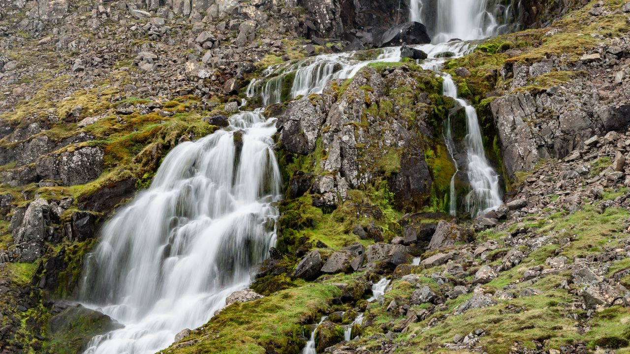 Wallpaper waterfall, mountain, cliff, stones, nature