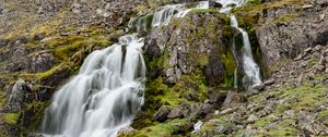 Preview wallpaper waterfall, mountain, cliff, stones, nature