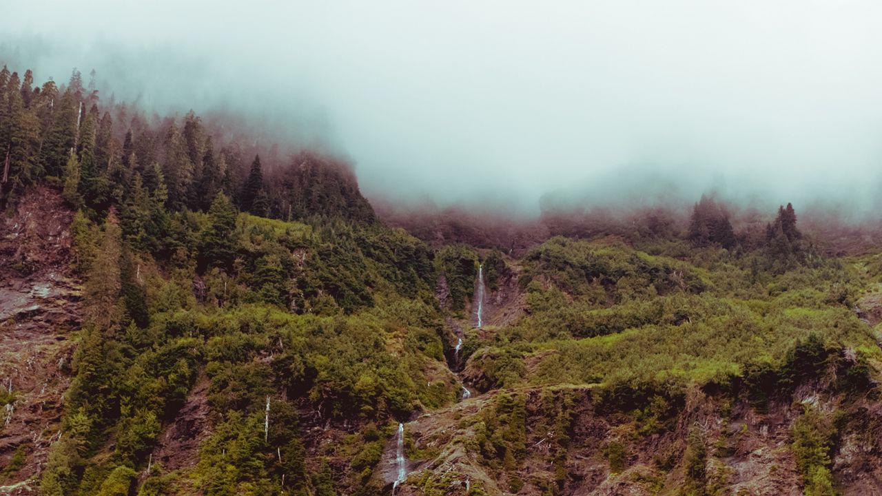 Wallpaper waterfall, mountain, cliff, fog, sky