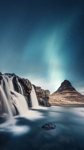 Preview wallpaper waterfall, mountain, river, sky, stones