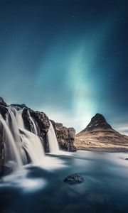 Preview wallpaper waterfall, mountain, river, sky, stones