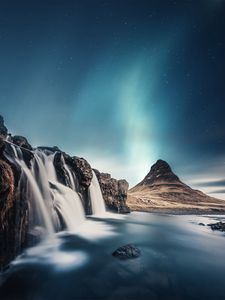 Preview wallpaper waterfall, mountain, river, sky, stones