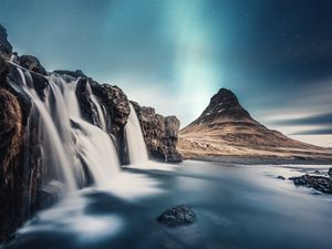 Preview wallpaper waterfall, mountain, river, sky, stones