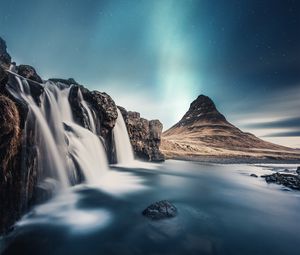 Preview wallpaper waterfall, mountain, river, sky, stones