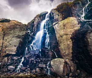 Preview wallpaper waterfall, mountain, rock, cliff, nature