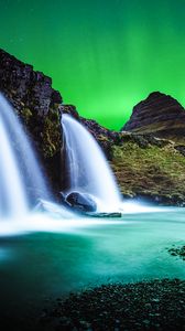 Preview wallpaper waterfall, mountain, water, pebbles, северное сияние, ночь