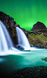 Preview wallpaper waterfall, mountain, water, pebbles, северное сияние, ночь