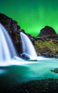 Preview wallpaper waterfall, mountain, water, pebbles, северное сияние, ночь