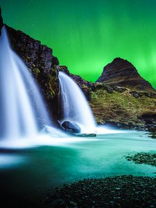 Preview wallpaper waterfall, mountain, water, pebbles, северное сияние, ночь